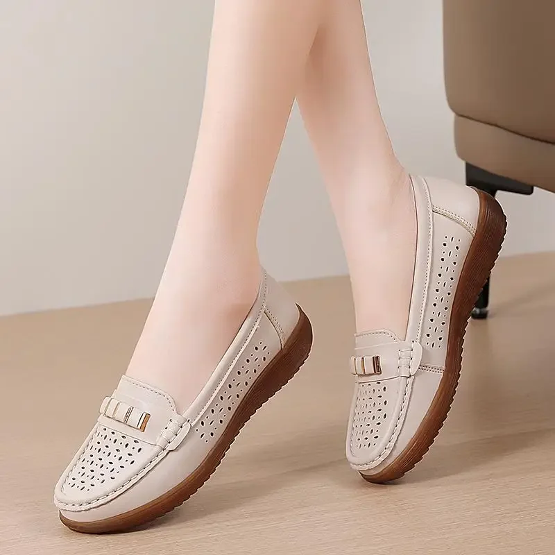 Women's Genuine Leather Shoes Luxury Women's Moccasins Mom Shoes Spring and Autumn Comfortable Middle-Aged and Elderly Slip-on