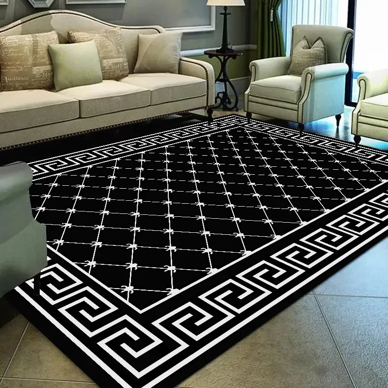 VIKAMA Black White Greek Key Geometric Rug Minimalist Flannel Non Slip Stain Resistant Floor Mat Living Room Sofa Decor