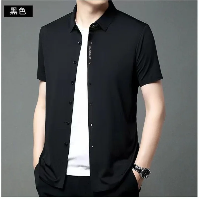 Men Ice Silk Cooling Shirts Business Wrinkle Resistant No-iron Trendy Man Tops & Tees Dress Shirt Summer Casual Clothes Size 5XL