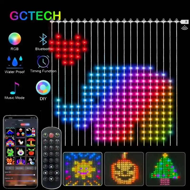 RGB Smart LED Curtain String Light, App Remote Control, Display Text, Picture for Birthday, Ramadan Festival, Party Decor, DIY