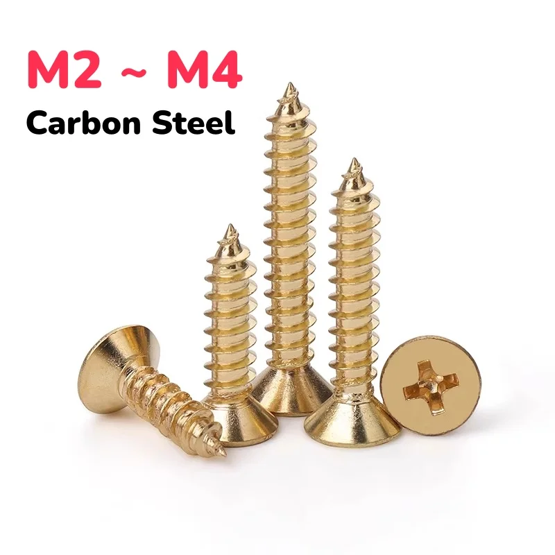 M2 M2.3 M2.6 M3 M3.5 M4 Carbon Steel Gold-plated Flat Self-tapping Screw Wood Screws