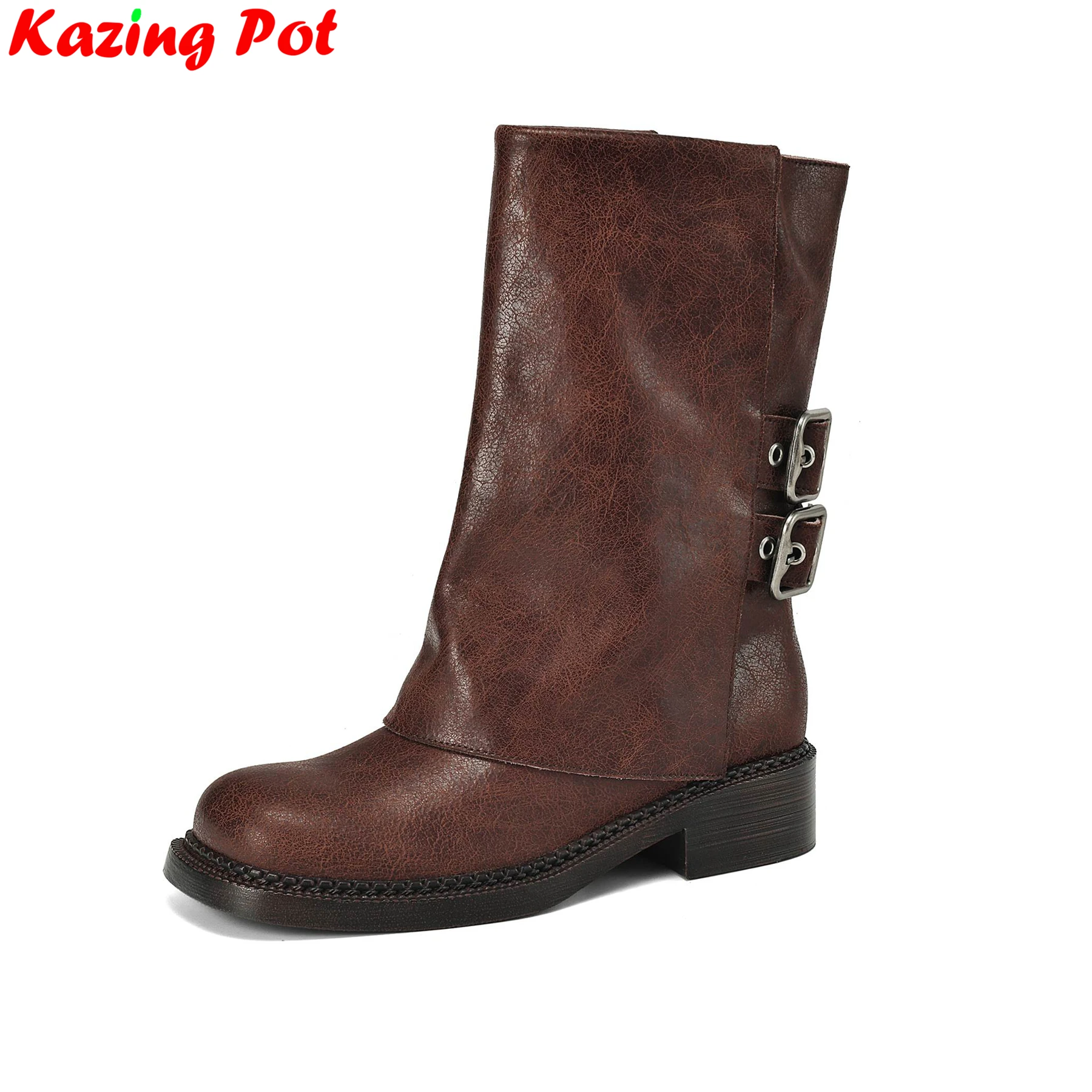 

Krazing Pot Cow Leather Chunky Med Heels Belt Buckle Modern Boots Winter Warm Shoes Casual Slip On Retro Women Mid-calf Boots