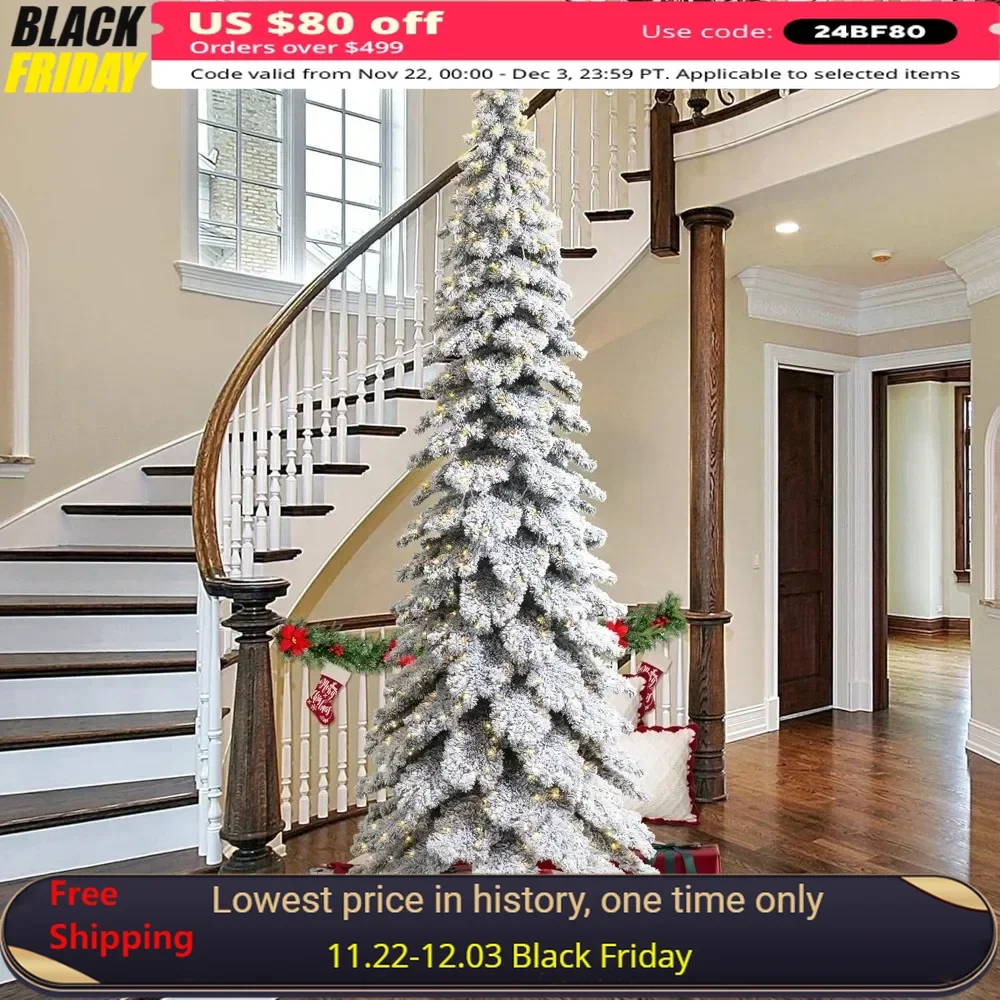 12ft Artificial Christmas Tree,Pre-Lit Flocked Layered Slim Spruce  with 900 Warm White Lights, Three Function,Christmas Trees