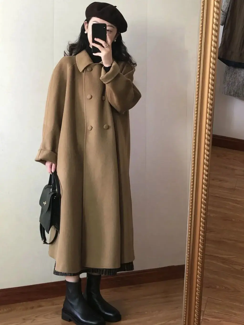 

Women Woolen Coat Single Breasted Loose Stand Collar Belt Long Double-sided Ladies Overcoat Autumn Winter 2025