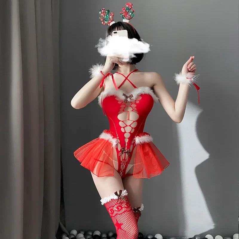 女性のためのクリスマスセット,コスプレ衣装,セクシーなロールプレイユニフォーム,エロティックなネットボディスーツ,赤いランジェリー,女性のドレス,赤