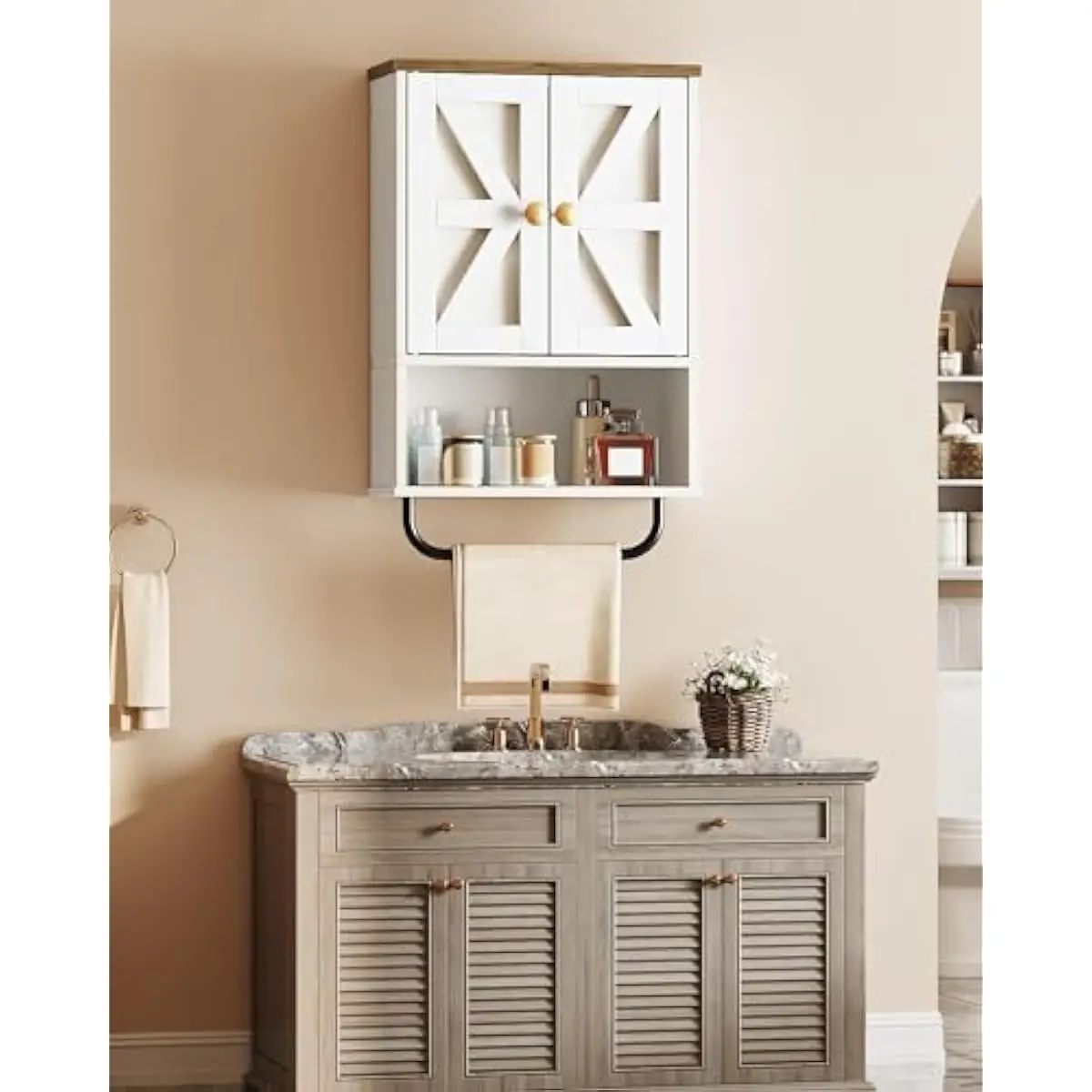 Wall-mounted engineered wood cabinet with iron towel bar, open shelf section and concealed interior compartment, 3-position adju