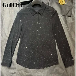 8.5 GuliChic High Quality 2024 Women Bling Bling Decoration Design Blouse Lapel Single Breasted Comfortable Stretch Slim Shirt