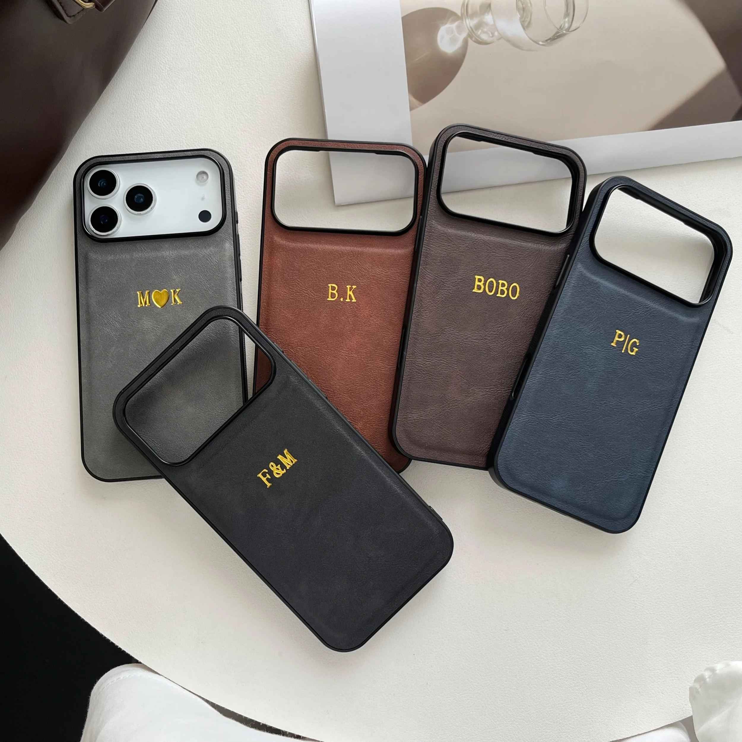 Personalized Custom Name 3D Hot Gold Foil Embossed Business Faux Leather Phone Case For iPhone 13 14 15 16 17 Pro Max Air Plus