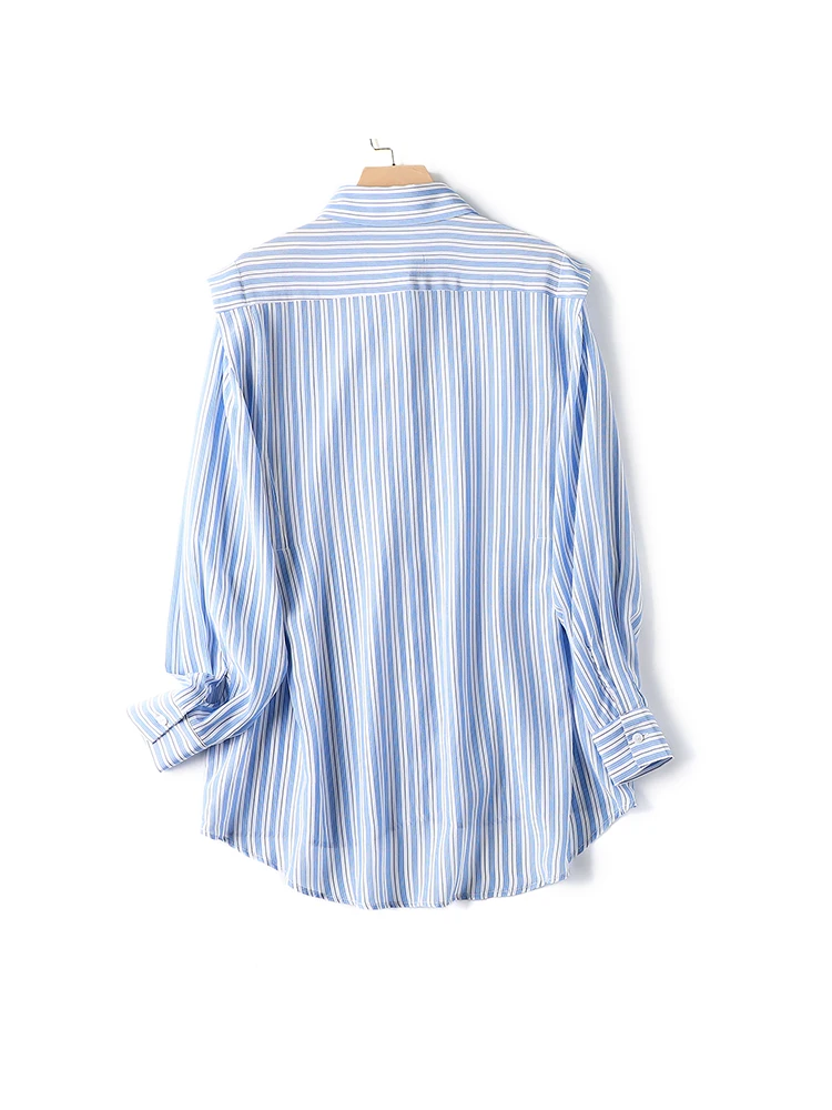 SuyaDream Woman Striped Shirts 100%Pure Silk Long Sleeved Ruffles Blouses 2022 Spring Autumn Chic Clothes Blue