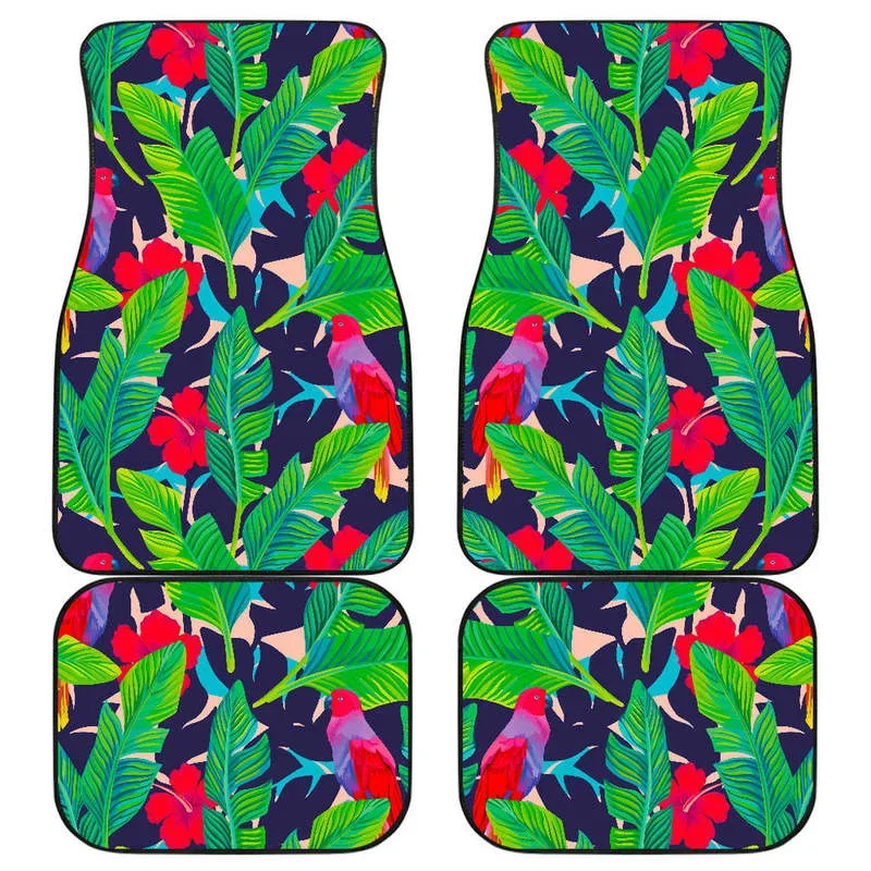 Parrot Banana Leaf Hawaii Pattern Print Front and Back Car Floor Mats Heavy Carpet Front and Rear Full Set 4PCs Pack