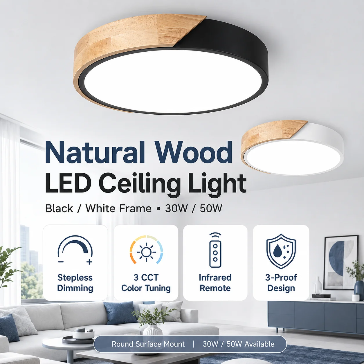 Wooden LED Ceiling Lamp Waterproof Indoor Bathroom Lighting Panel for Living Room Remote Control Dimming LED Ceiling Light 220V