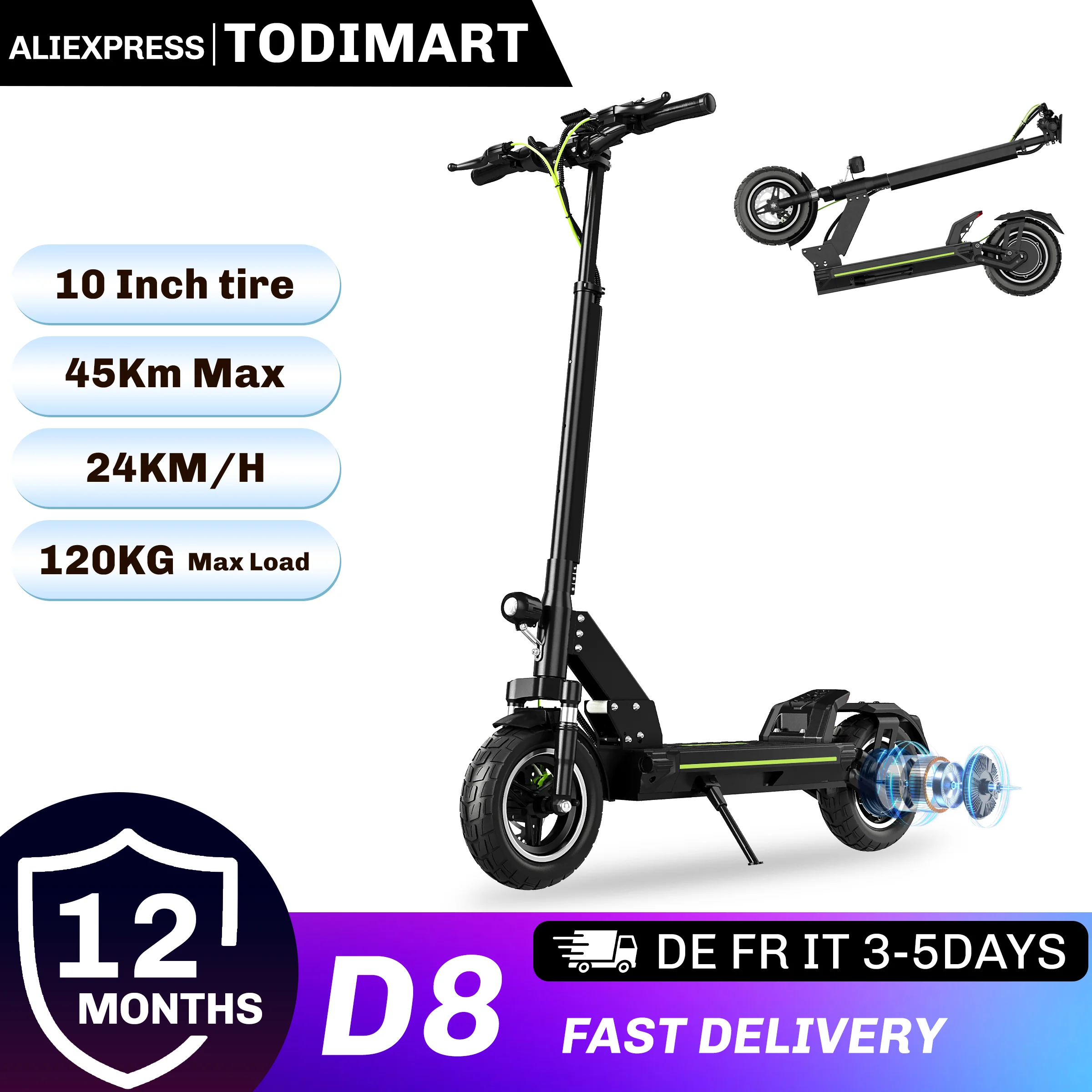 Todimart D8 Elektroroller für Erwachsene, 10 Zoll Offroad-Reifen mit Stoßdämpfung, faltbare Roller mit Hinterradantrieb, Doppelscheibenbremsen, 48V 18,2AH Akku, 55–65 km Reichweite, City Commuter