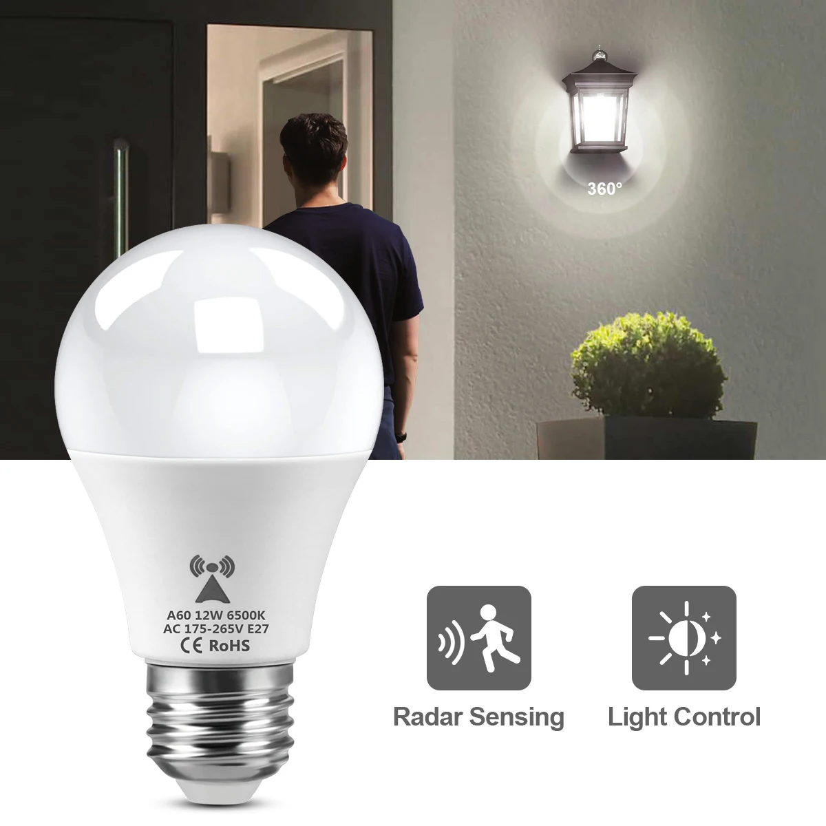 Energy Saving E27 LED Radar Sensitive Light Bulb 220V 12W Auto On Off Radar Smart Detection Motion Sensor Lamp For Doorway Stair