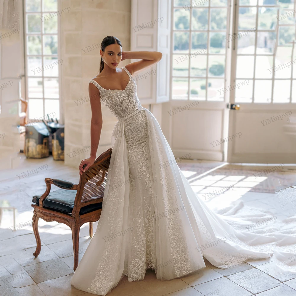 

Spaghetti Straps Mermaid Wedding Dresses with Detachable Train Luxury Vestido De Noiva Sereia Beading Robe Mariage Customized