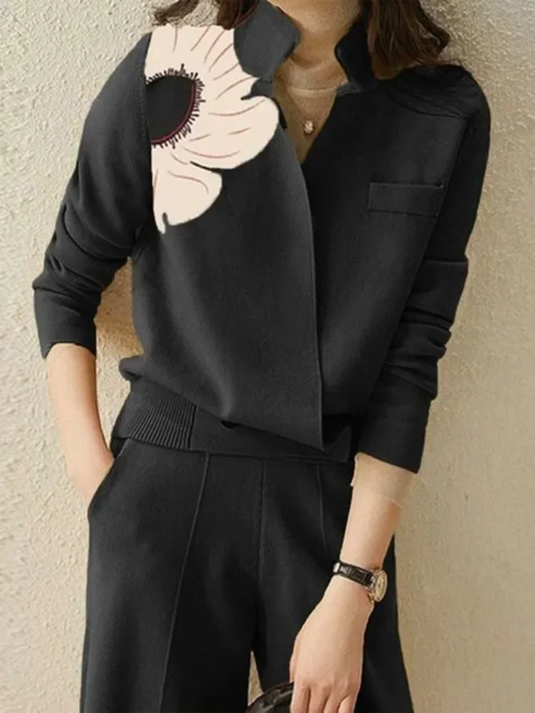 Gymystars Top da donna Autunno Stampato floreale Maniche lunghe Moda Nero Asimmetrico Allentato Tasca con risvolto Abbigliamento femminile T-shirt