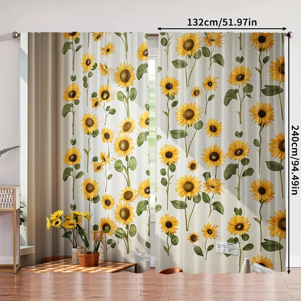 2pcs Sunflower Field Curtains Yellow Bloom Green Leaf Print Drape Country Living Room Window Treatment Bright Floral Home Decor