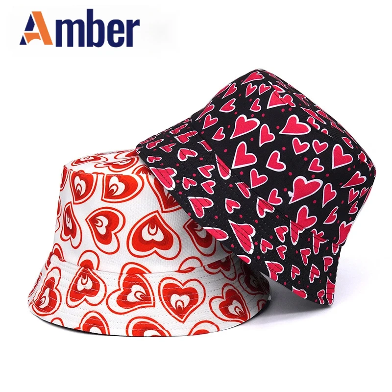 

Amber printing bucket hat unisex Panama fisherman hats heart print for Men Women female male summer autumn beach cap 2023 New