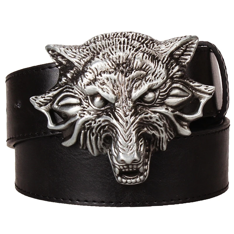 Big Wolf Head Metal Buckle Belt Men Angry Wolves Totem Coyote Leather Waistband Jeans Gift For Man