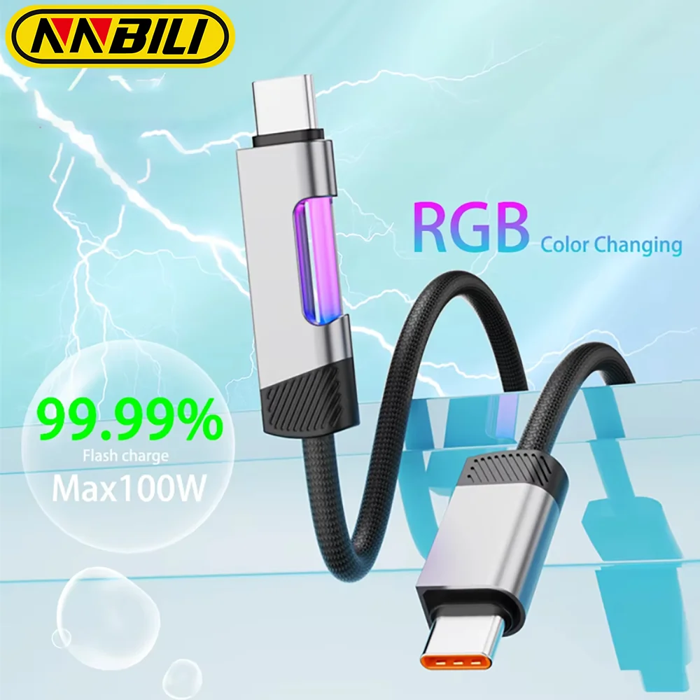 NNBILI NEW 100W USB Type C Cable RGB Color Changing Fast Charging Charger Cable for Xiaomi Huawei Redmi OPPO  Data Cable 1M/2M