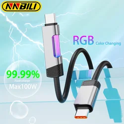 NNBILI NEW 100W USB Type C Cable RGB Color Changing Fast Charging Charger Cable for Xiaomi Huawei Redmi OPPO  Data Cable 1M/2M