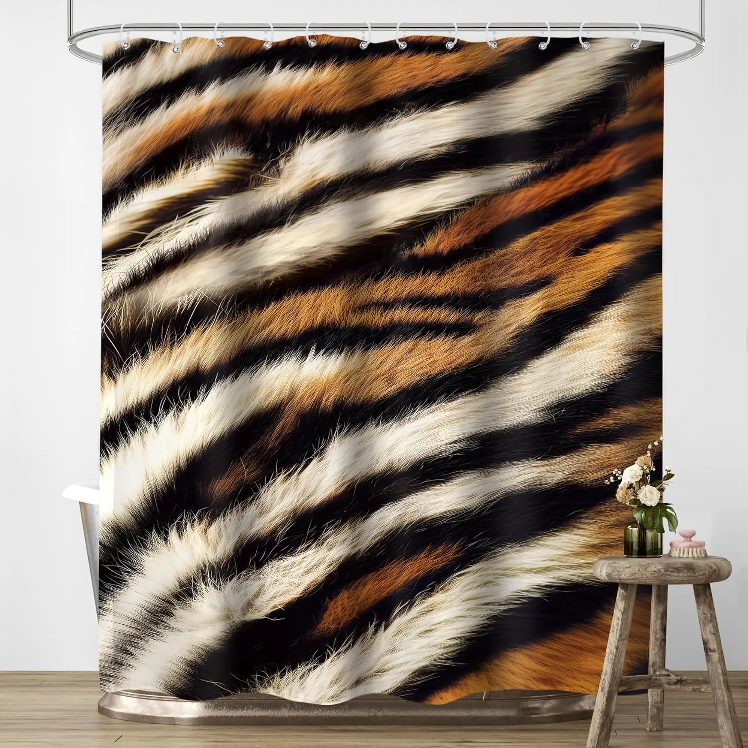 Duschvorhang mit Tiger-Print, Wild Safari, Schwarzbraun, kraftvolles Panthera-Tierfell, Wildtier-Stoff, wasserdichtes Polyester