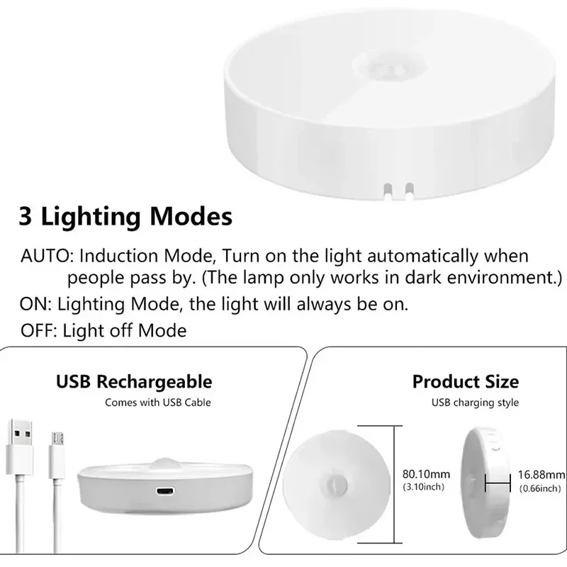 Imagem -05 - Sensor de Movimento Pir Led Night Light Usb Recarregável Lâmpada para Cozinha Armário Guarda-roupa Escada Luz do Armário sem Fio