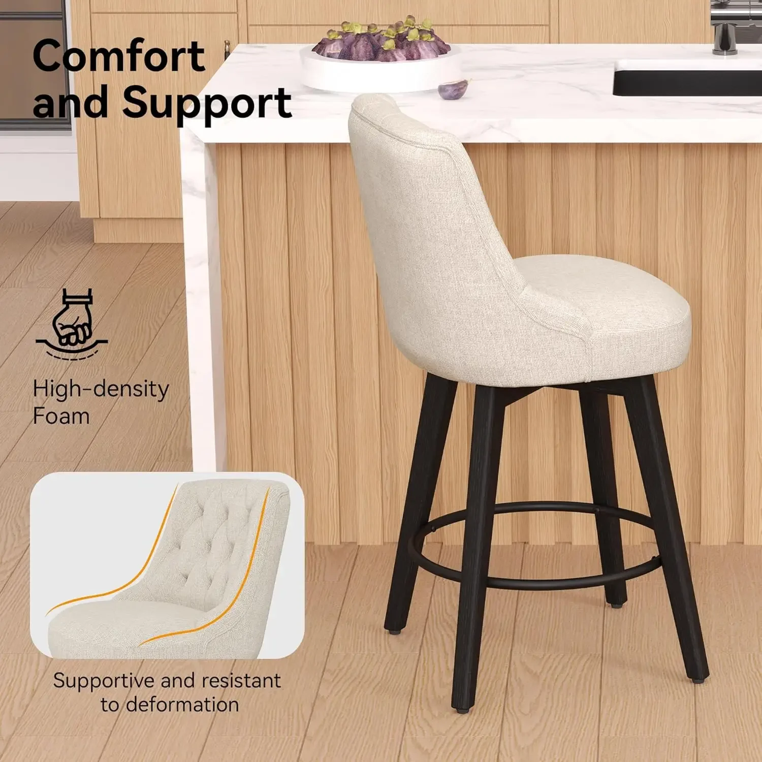 Counter Height Bar Stools Set of 2 with Back, 26“H Upholstered Swivel Barstools with Solid Wood Legs for Kitchen Island, Perform