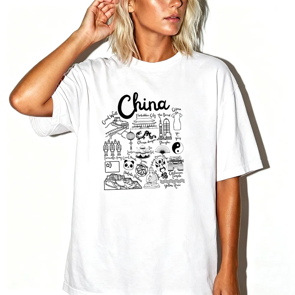 China-themed T-shirt Illustration Black Line Art Cultural Symbols Great Wall Forbidden City Panda Yin-yang Temple Flag Calligra