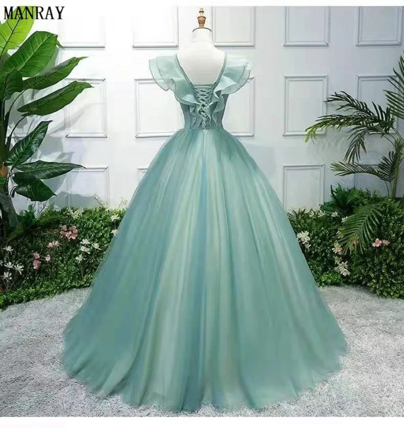 MANRAY Foto Real Vestido Quinceanera Elegante V-neck Partido Prom Ball Gown mangas Floral Imprimir Quinceanera Vestidos Vestidos