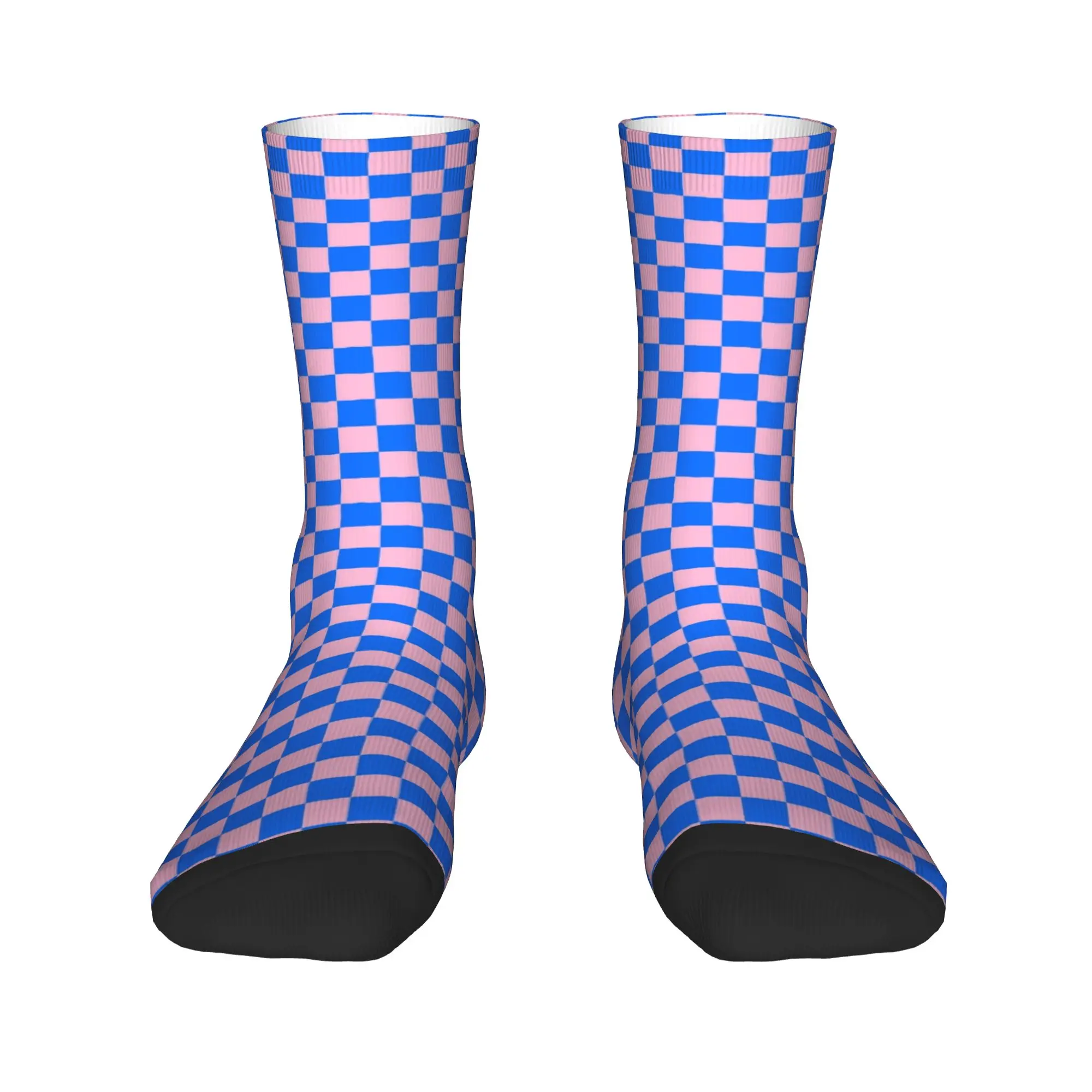 

Cotton Candy Pink and Brandeis Blue Checkerboard Plaid Men Women Crew Socks Unisex Fun Breathbale Warm Dress Socks