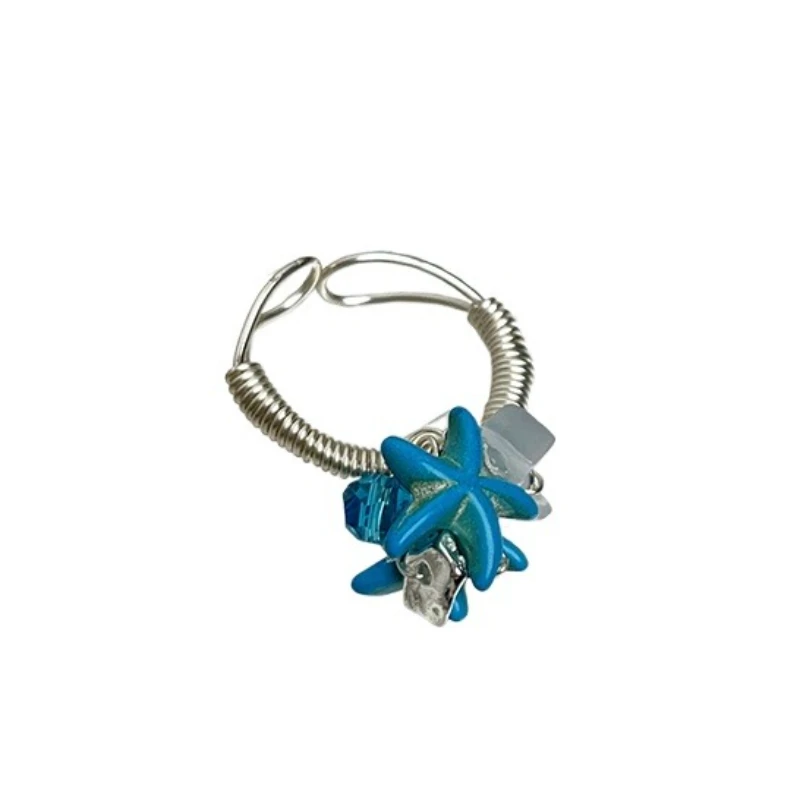 

Cold wind summer handmade beaded natural stone ring colored translucent rough stone wrapped index finger ring
