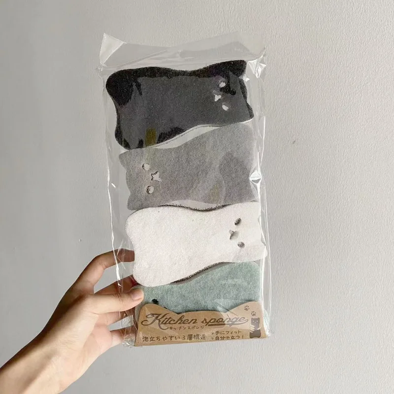 3-8pcs 일본 만화 고양이 3 층 식기 세척 스폰지 세트 두껍고 내구성이 뛰어난 식기 세척 수색 패드 청소 의류