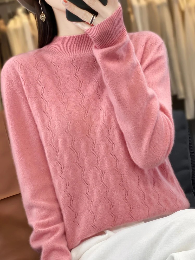 Women Autumn Winter Sweater 100% Merino Wool Pullover Mock Neck Hollow Long Sleeve Cashmere Knitwear Female Clothing New Fashion