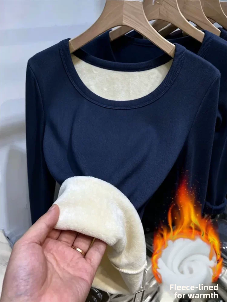 Women's Winter Warm Fleece Lined Thick Long Sleeve round Neck Thermal Underwear Top Slim Fit Versatile Base Layer Shirt