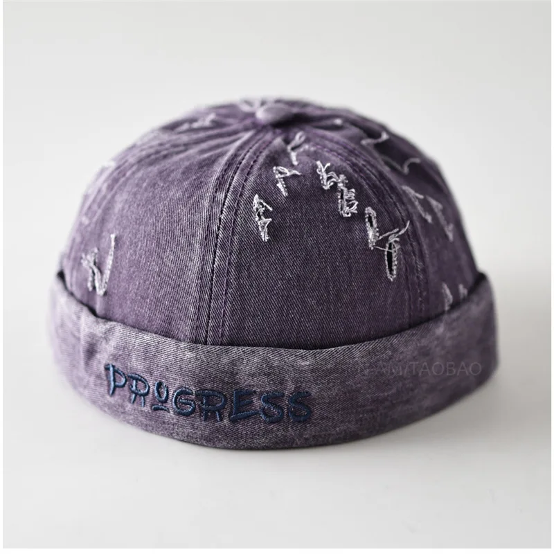 Vintage Washed Denim Docker Cap Unisex Letter Embroidery Distressed Ripped Brimless Hat for Daily Outdoor Party Streetwear
