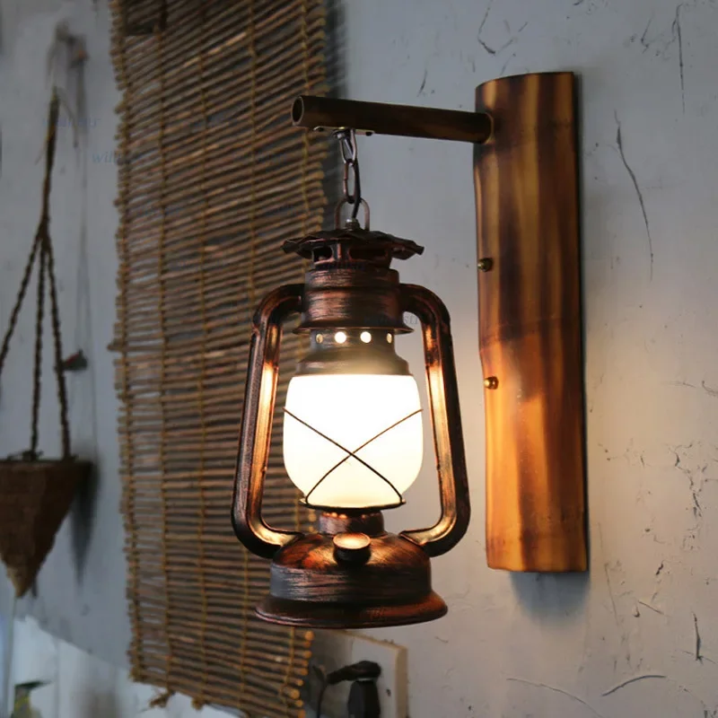 Retro Metal Wall Lamp Nostalgic Barn Lantern Bamboo Glass Sconce for Bar Cafe Corridor Stairway Parlor Balcony Loft Antique Ligh