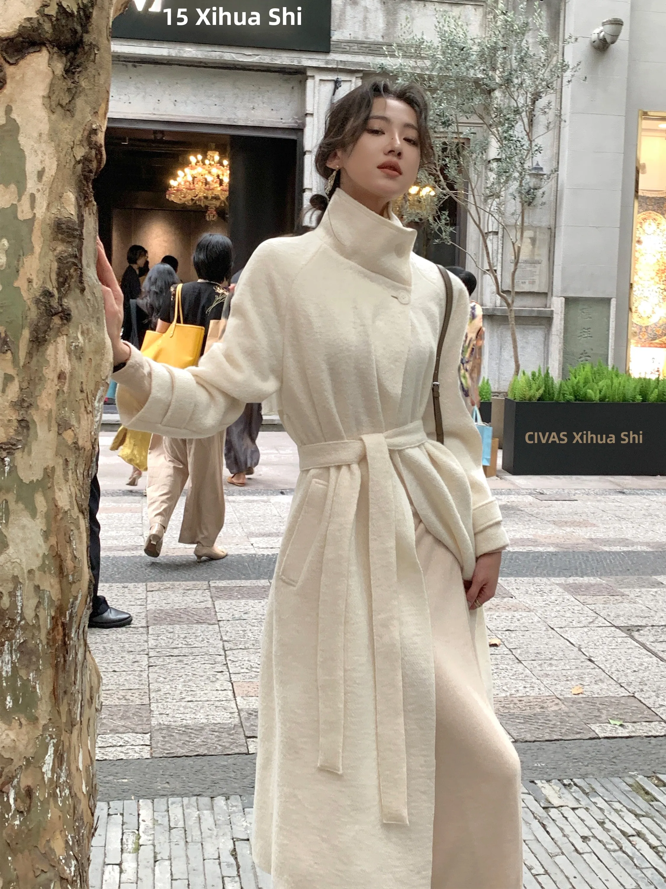 

Шерстяное пальто Annuo: Элегантное, с поясом, средней длины, из смесовой шерсти, женское, зимнее, новое, кашемировое, с воротником-стойкой, длинный рукав