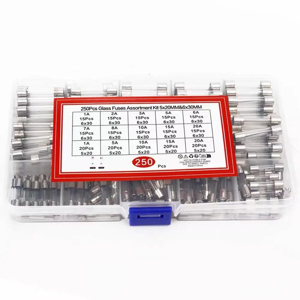 

250PCS Glass Fuse Assortment Kit, 15 Values 5x20mm & 6x30mm Fast Blow Tube Fuses 250V