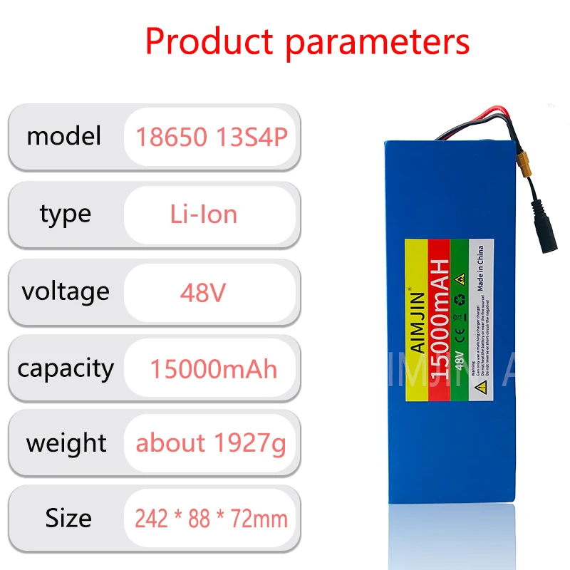 48V 15AH 18650 Lithium Battery 13S4P High Power 500W Scooter Batteries 54.6v 15000mAh Rechargeable battery pack