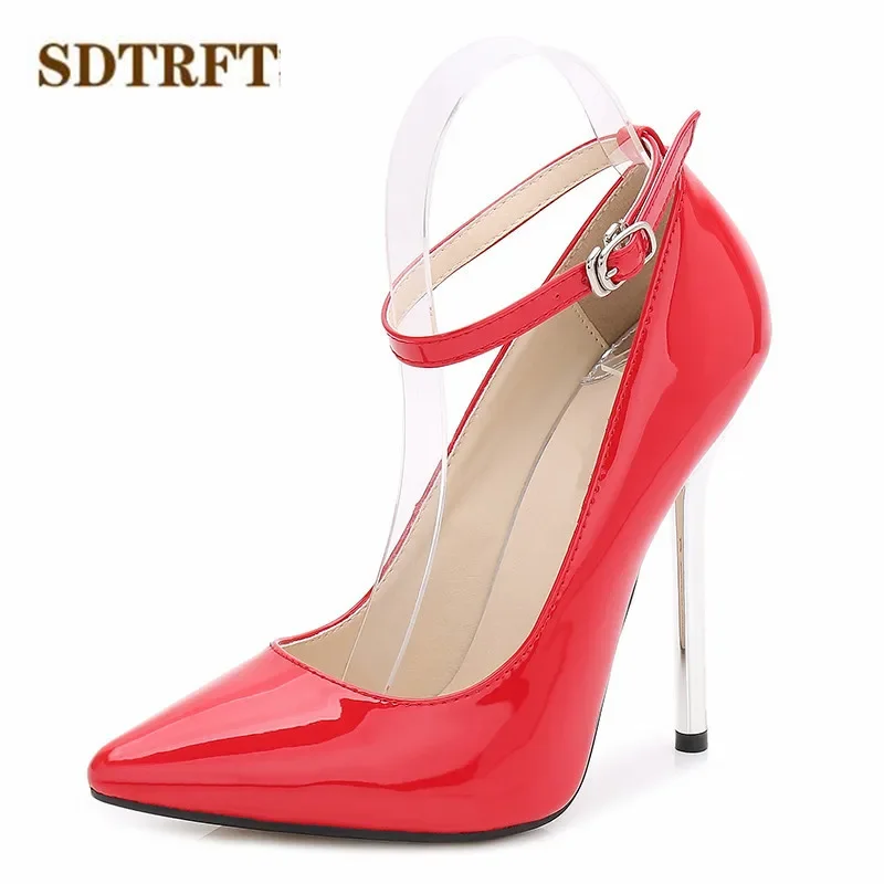 

SDTRFT Unisex Pointed Toe Ankle Strap Stilettos 13cm Thin High-Heeled Party Shoes Woman Crossdresser Patent Leather Pumps