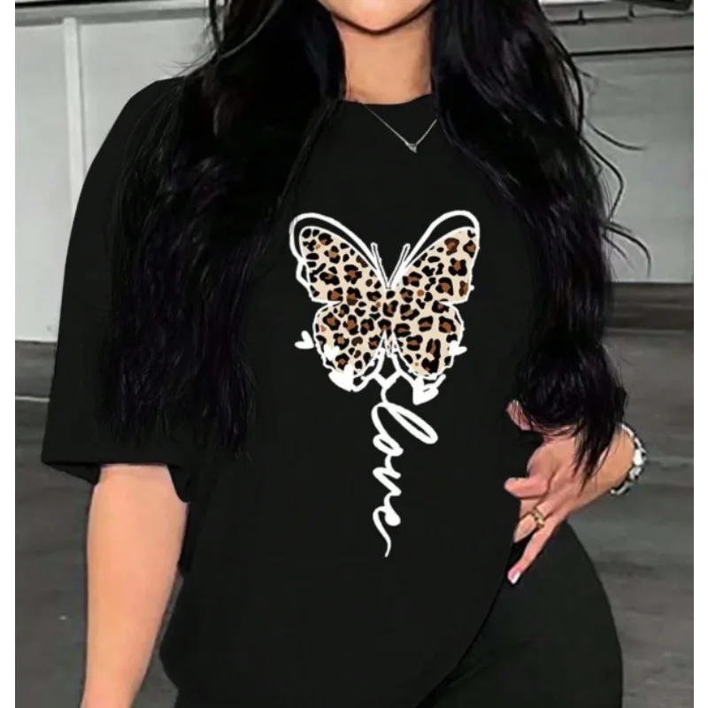 T-shirt da donna con stampa farfalla e leopardo, semplice maglietta con stampa leopardata, casual e versatile, girocollo, maniche corte. Top Y2K