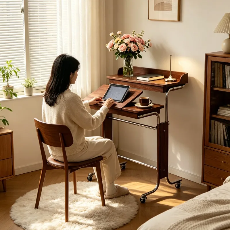 Solid Wood Foldable Desk Adjustable Height Modern Laptop Table Space Saving Floating Desk Rolling Side Table for Workstation