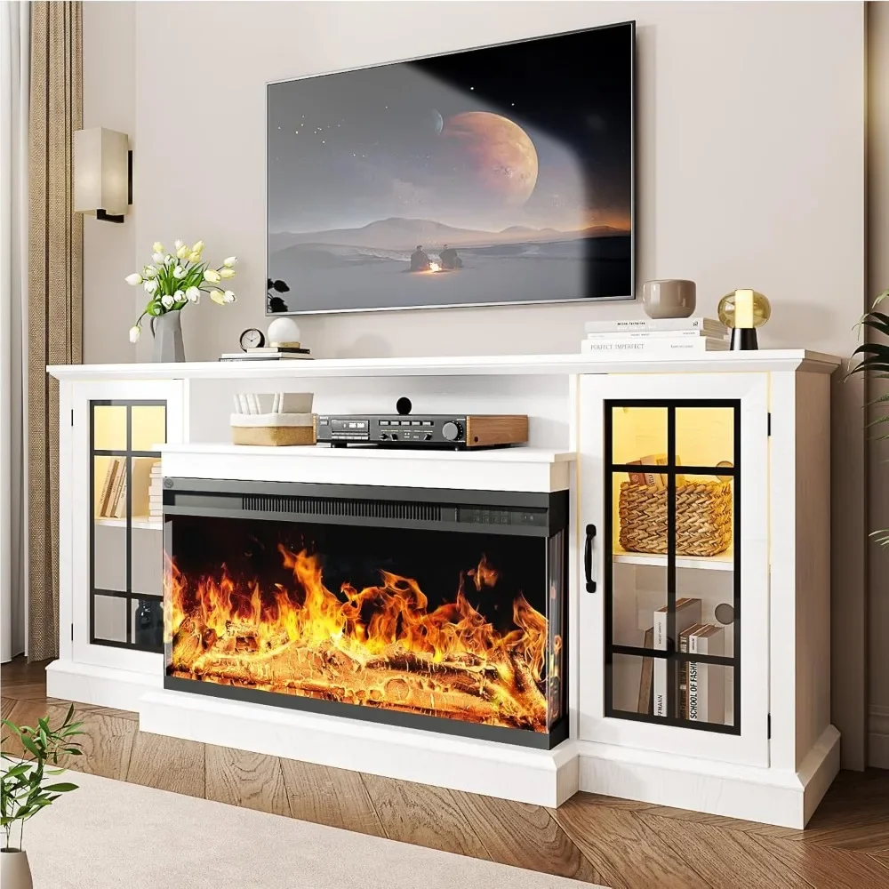 3 Glass Fireplace TV Cabinets, Rustic Media and Entertainment Center Console Table, Enclosed Storage with Glass Doors