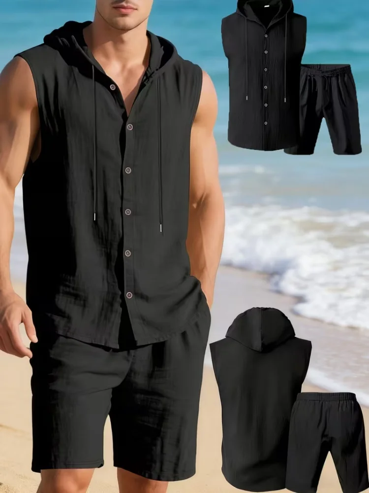 Men's Solid Printed 2 Piece Outfits Casual Sleeveless Hooded Buttons Vest Elastic Drawstring Waist Shorts Set Matching Tracksuit