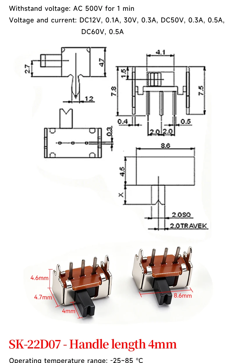 5 Stück Mini-SPDT-Schiebe-Kippschaltergriff 3/5mm MSS-22D018 SS-12D00 SK-22D07 MSK-12C02 SS-12F44 MSK23D19 - Elektronisches Bauteil – Detail 3