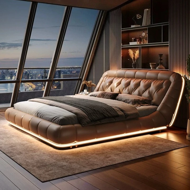 lit 180x200 Italian style minimalist floating double bed genuine leather high end luxury bedroom beds and bed frames furniture