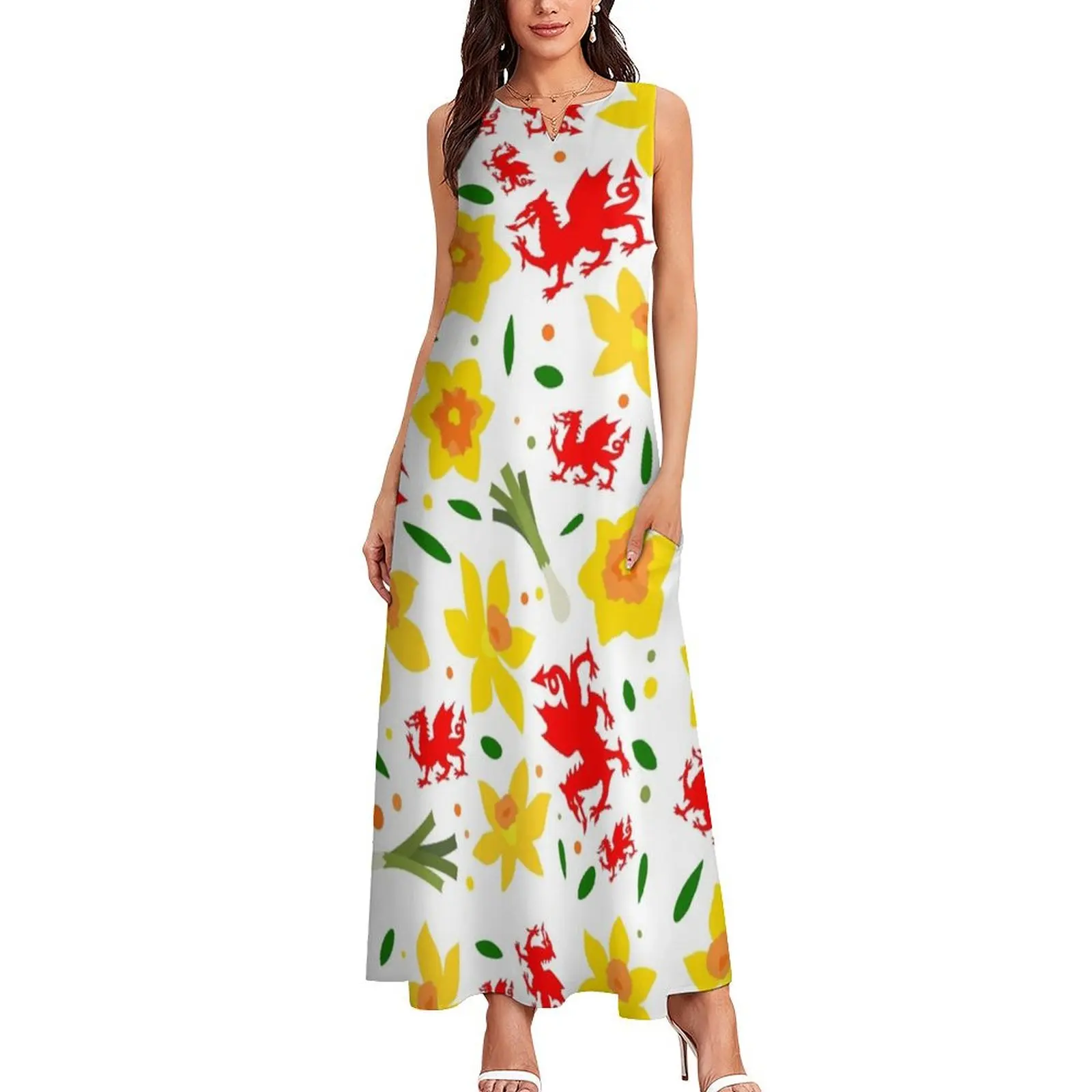 Wales Floral Pattern - Welsh Dragon, Daffodils and Leek Long Dress Evening gown women's summer jumpsuit Dress