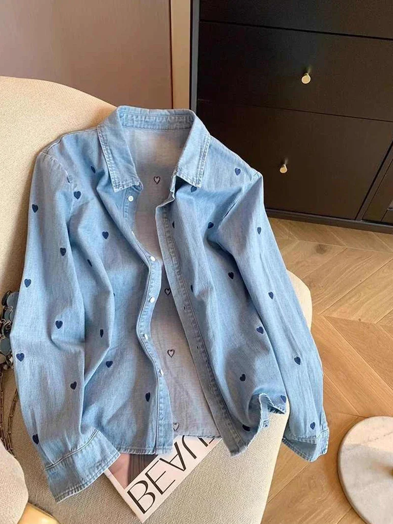 

American Retro Blue Soft Denim Shirt Women's Spring Autumn Heart Print Thin Coat Casual Versatile Loose Long Sleeve Top Shirt
