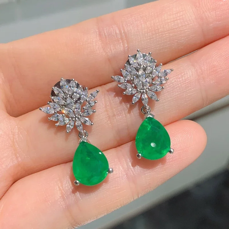 Retro 925 Sterling Silver Emerald Gemstone Drop Crystal Pendant Earrings 2024 Trend Necklace Jewelry Set for Women Cocktail Gift