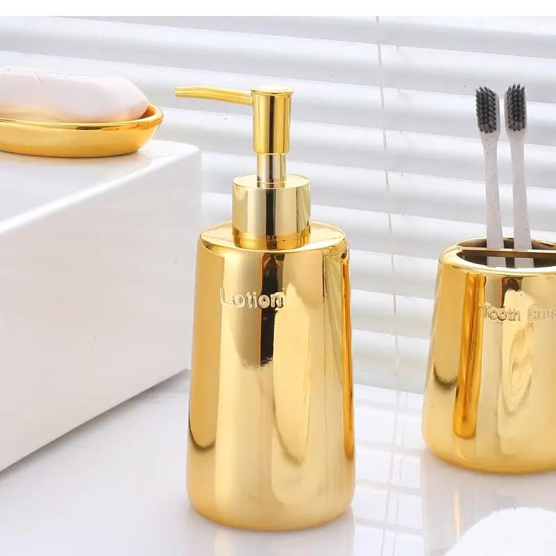 Bathroom Decor Gold-plated Resin Toothpaste Dispenser Soap Box Toothbrush Holder Bottle Cup Five-piece Set